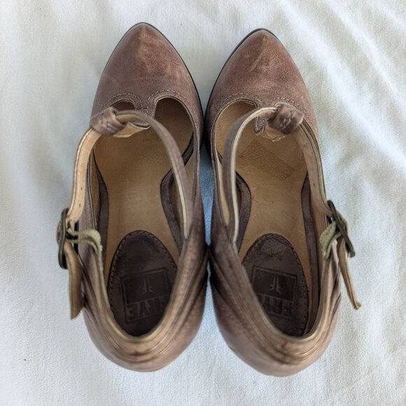 RARE Frye Brown T-strap Leather Pumps Distressed-style Vintage-inspired heels - Picture 7 of 11